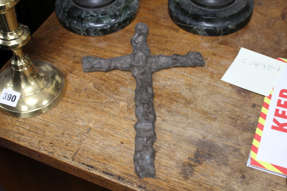 A pair of late Victorian cast iron two handled urns, one with odd lid, an oil lamp base, a pair of cast iron crosses and a pair of bras